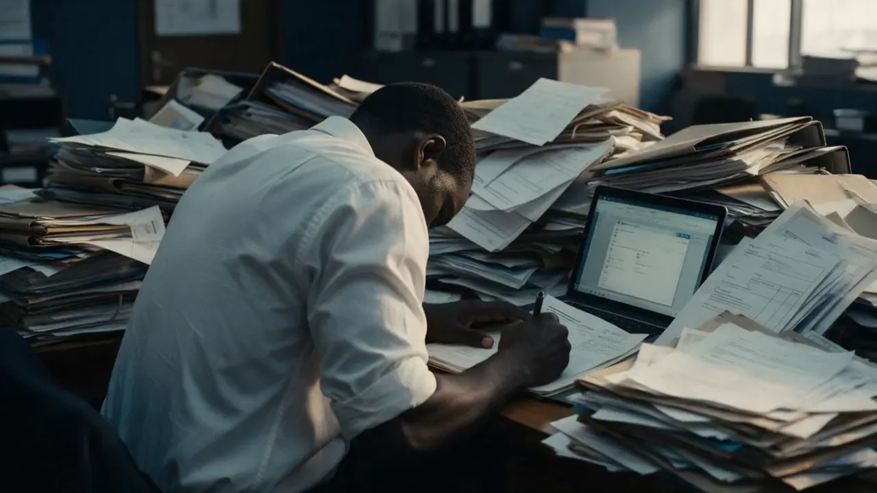 An employee, face hidden, writes amid piles of folders next to a lit laptop, then takes his head in both hands.